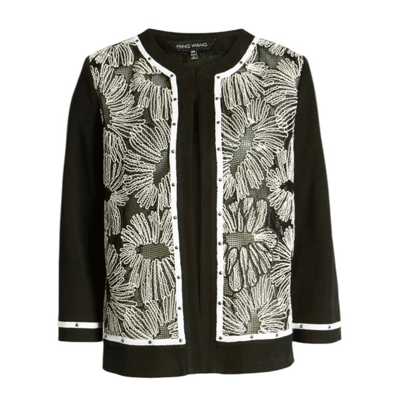 Ming Wang Floral Embroidered Knit Jacket Black and White Size L - Picture 5 of 15
